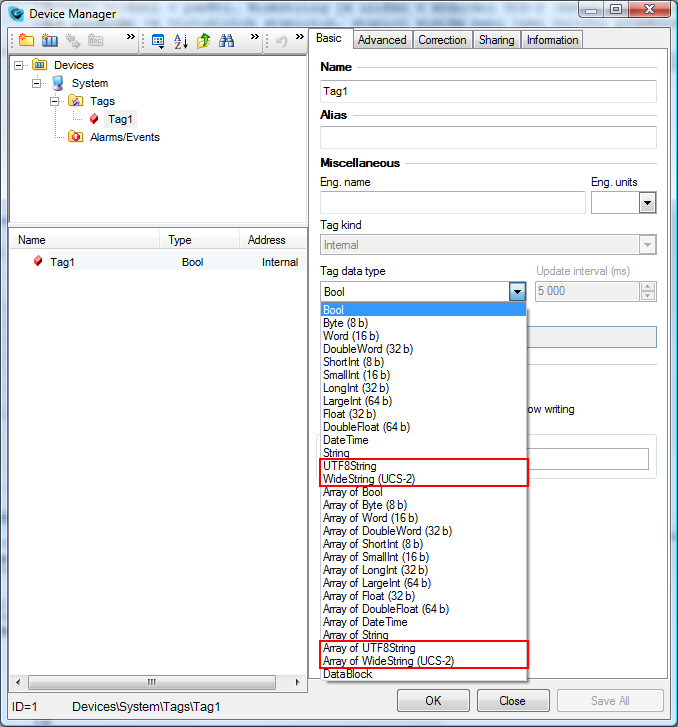 Device Manager: WideString and UTF8String tag data types
