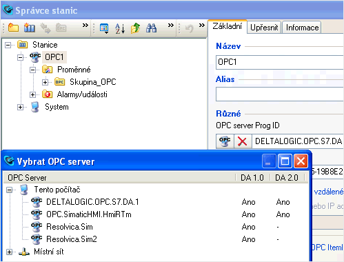 Správce stanic – výběr OPC serveru Deltalogic