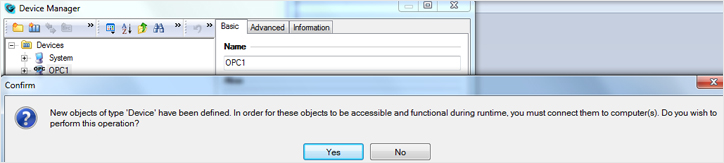 Device Manager – confirmation of new objects definition