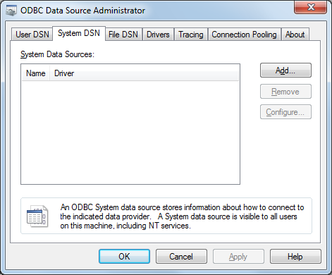Reriance, ODBC Data Source Administrator