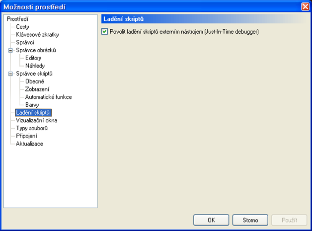 Možnosti prostředí – Povolit ladění skriptů externím nástrojem (Just-In-Time debugger)
