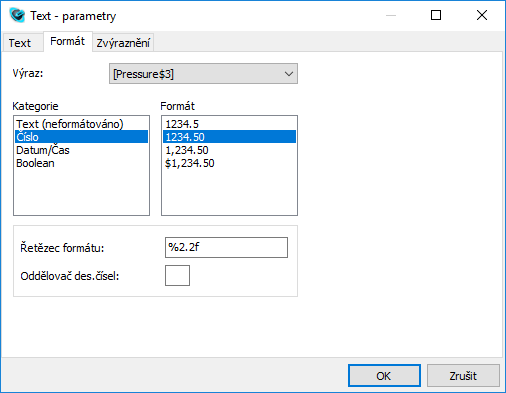 Text – parametry, Reliance SCADA