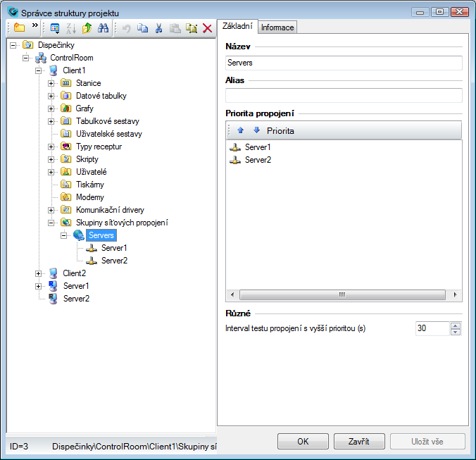Správce struktury projektu – redundance typu klient–server