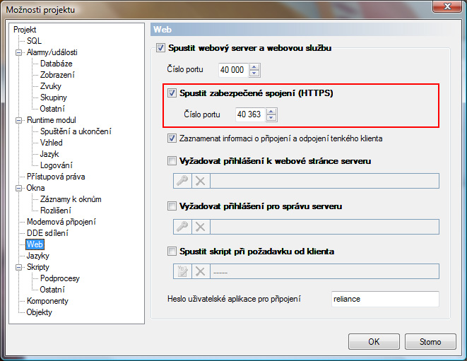 Možnosti projektu: Spustit zabezpečené spojení (HTTPS)