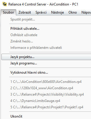 Reliance 4 Control Server  – Jazyk projektu
