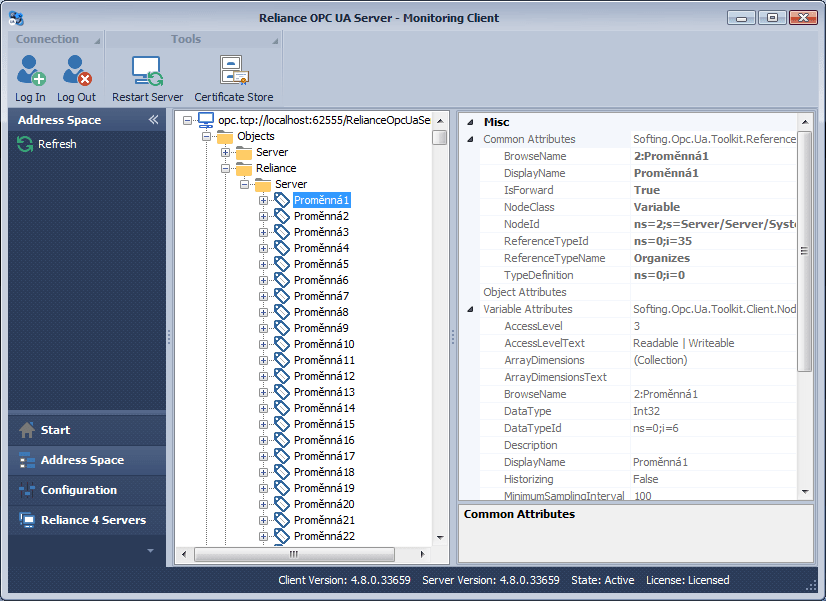 Reliance OPC UA Server – Address Space