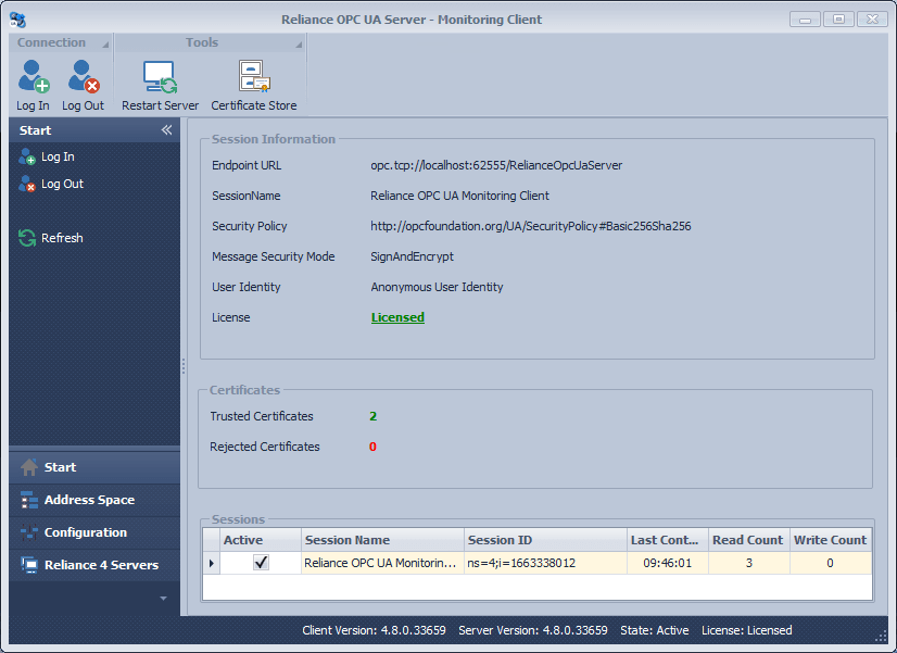 Reliance OPC UA Server – Session Information