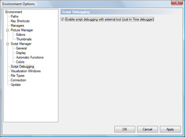 Environment Options – Enable script debugging with external tool