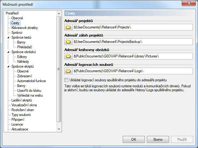 Reliance SCADA, Možnosti prostředí – Cesty