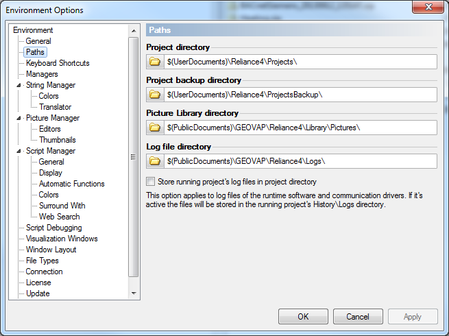 Reliance SCADA, Environment Options – Paths