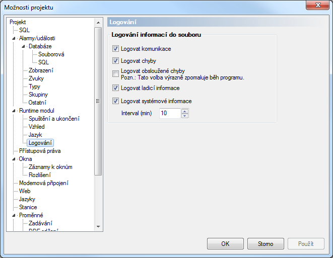 Reliance SCADA, Možnosti projektu – Logování