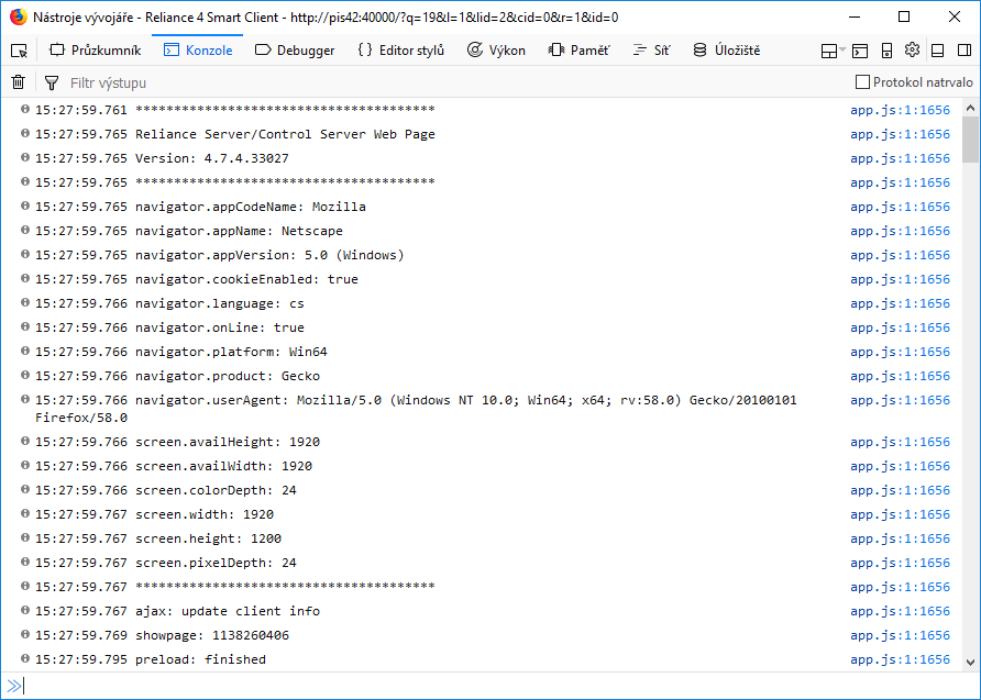 Reliance SCADA, Nástroje vývojáře – Konzole