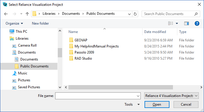 Reliance 4, Visualization Project Dialog